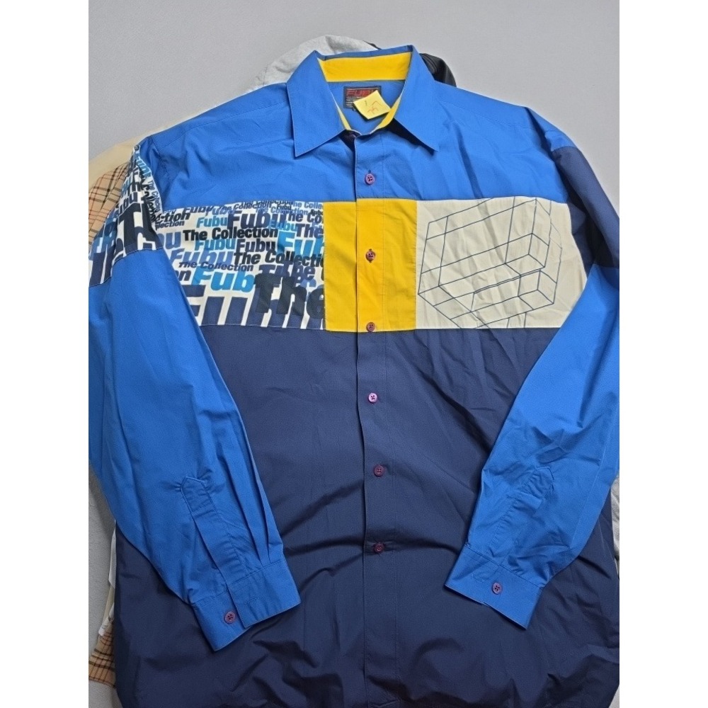 Vintage FUBU Shirt Men's 2XL Blue Colorblock Graphic Cotton Button-Up Retro Y2K - Picture 4 of 9